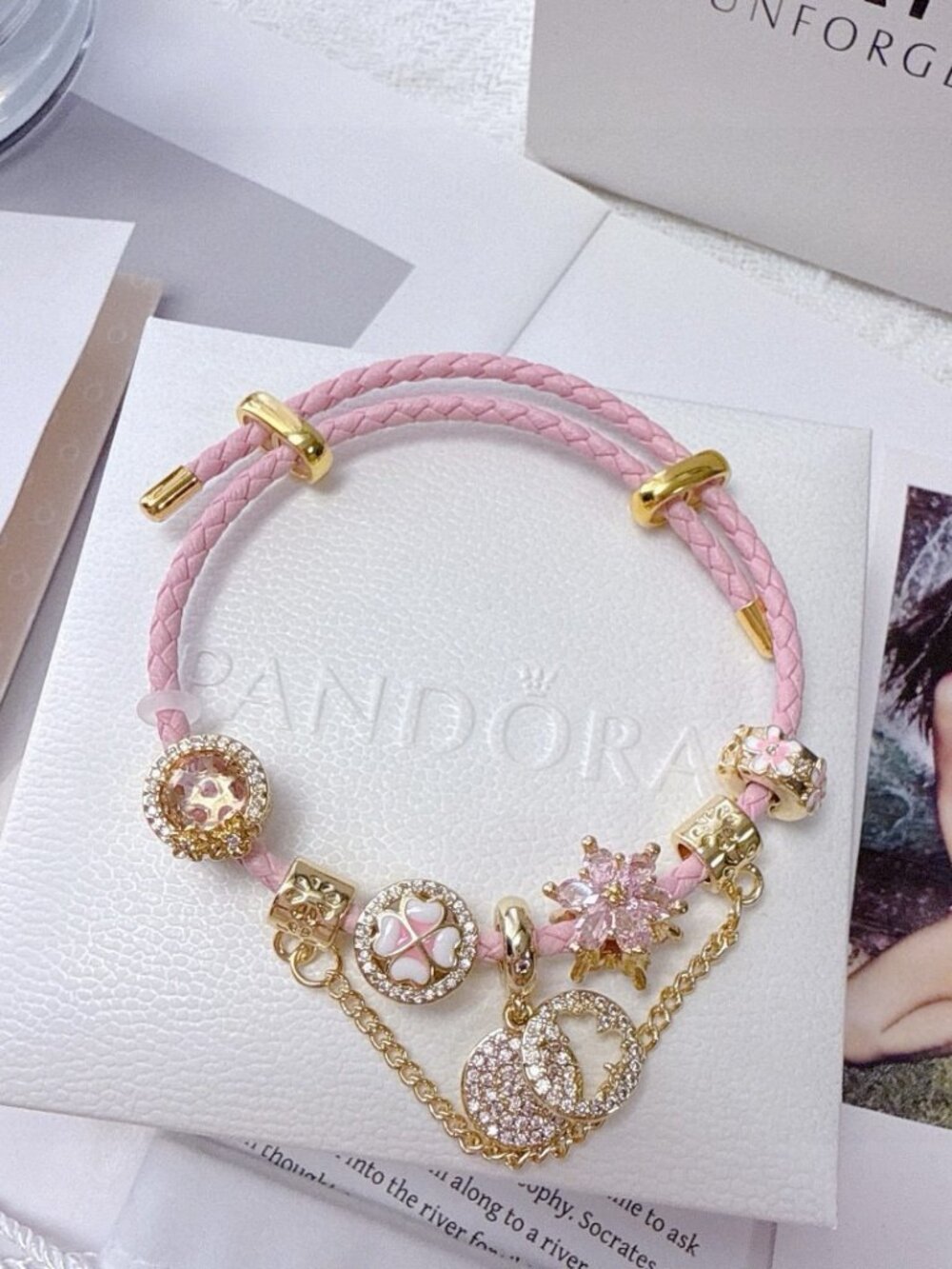 Pandora Pink Braided Bracelet with Floral & Moon Charms